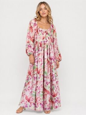 MODA ME COUTURE Pink Floral Maxi Dress with Long Puff Sleeves